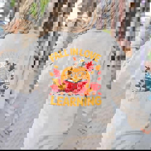 Fall In Love With Learning Pumpkin Thanksgiving Teacher Fall Women&#x27;s Sweatshirt Back Print - teacherstshirts.com