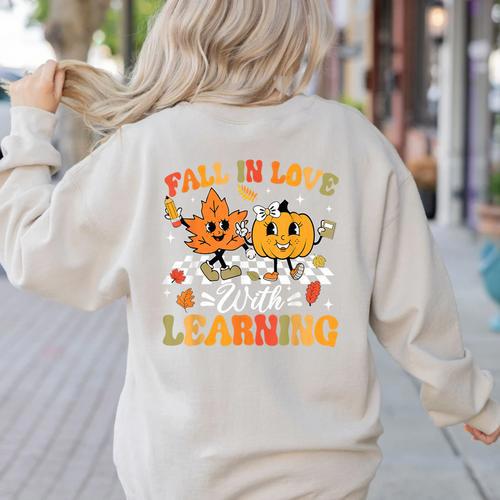 Fall In Love With Learning Fall Teacher Thanksgiving Retro Women's Sweatshirt Back Print - teacherstshirts.com AU