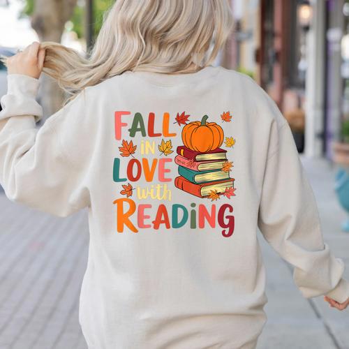 Fall In Love With Reading Autumn Thanksgiving Shirt Teacher Women's Sweatshirt Back Print - teacherstshirts.com AU
