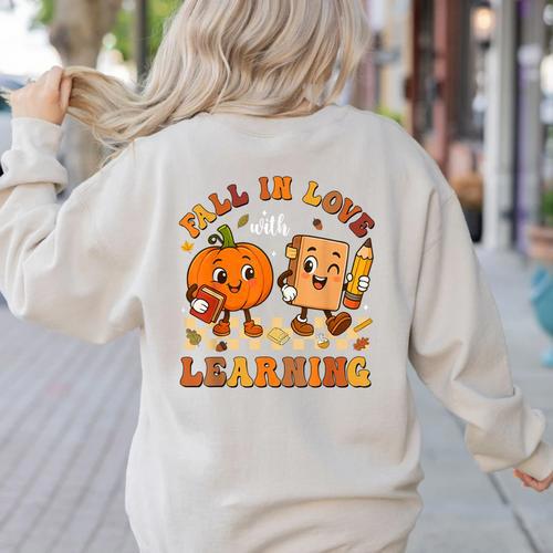 Fall In Love With Reading Book Autumn Pumpkins And Teachers Women's Sweatshirt Back Print - teacherstshirts.com AU
