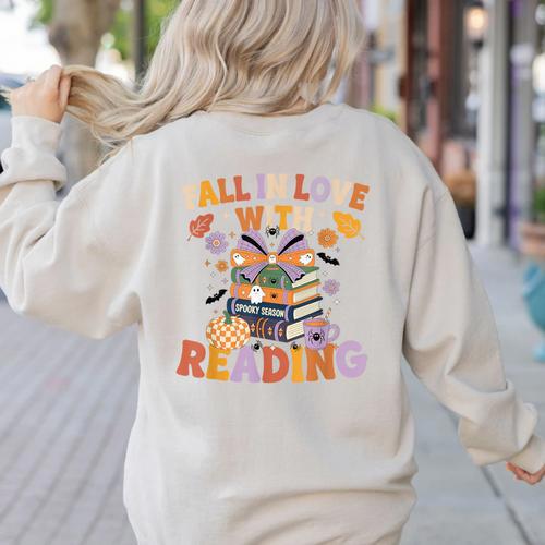 Fall In Love With Reading Halloween Stack Of Book Teacher Women's Sweatshirt Back Print - teacherstshirts.com CA