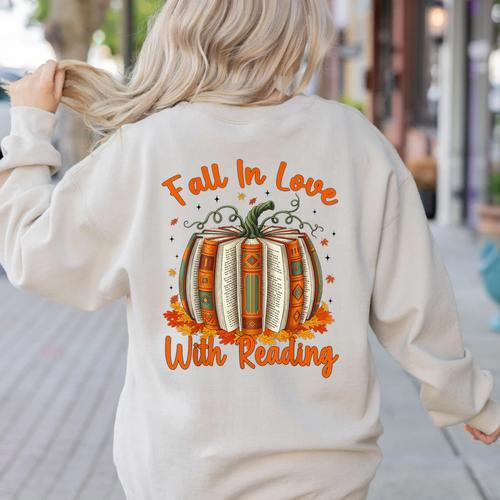 Fall In Love With Reading Pumpkin Autumn Librarians Teacher Women's Sweatshirt Back Print - teacherstshirts.com AU