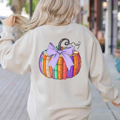 Fall Pumpkin Books Lover Halloween Teacher Teaching Staff Women's Sweatshirt Back Print - teacherstshirts.com AU