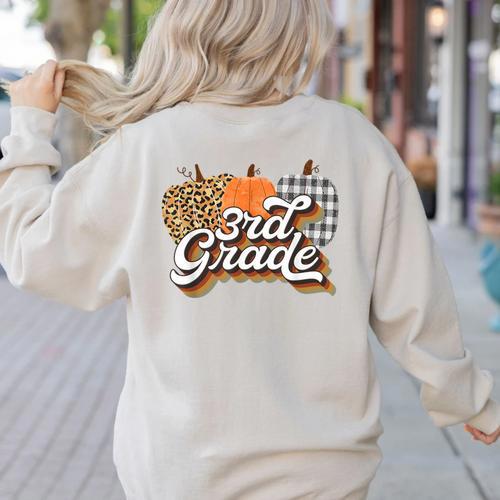Fall Teacher Shirt 3rd Grade Teacher Retro Halloween Pumpkin Women's Sweatshirt Back Print - teacherstshirts.com