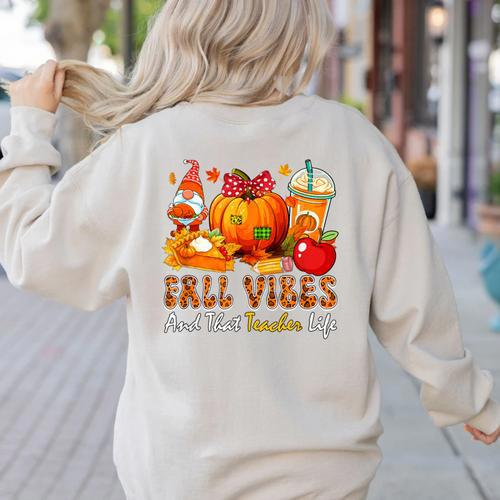 Fall Vibes Costume Teacher Thanksgiving Leopard Gnome Women's Sweatshirt Back Print - teacherstshirts.com CA