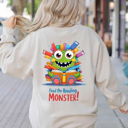Feed The Reading Monster Halloween Teacher Women's Sweatshirt Back Print - teacherstshirts.com AU