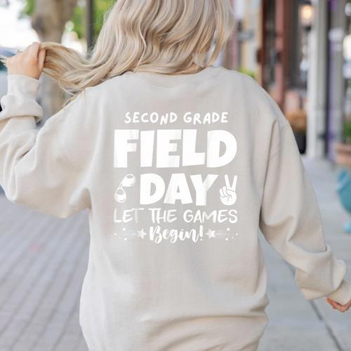 Field Day Second 2nd Grade Orange 2025 Boy Girl Teacher Women's Sweatshirt Back Print - teacherstshirts.com UK