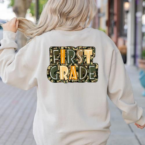 First 1St Grade Camo Camouflage Boy Teacher Back To School Women's Sweatshirt Back Print - teacherstshirts.com AU