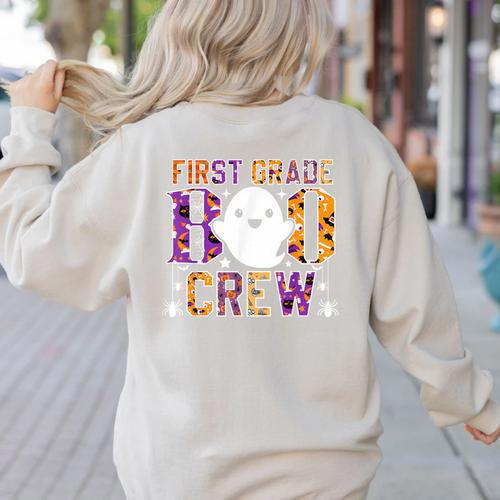 First Grade Boo Crew Teacher Student Halloween Costume Women's Sweatshirt Back Print - teacherstshirts.com CA