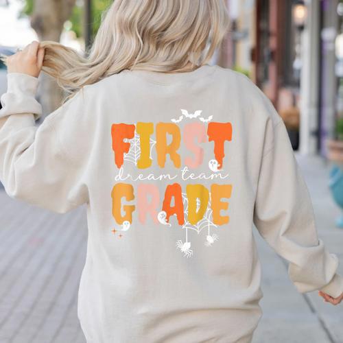 First Grade Dream Retro Team Fall Halloween Spooky Teachers Women's Sweatshirt Back Print - teacherstshirts.com AU