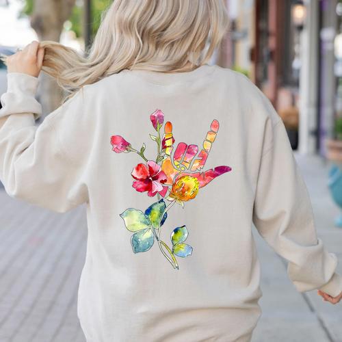 Flower American Sign Language ASL Teacher Teaching Deaf Women's Sweatshirt Back Print - teacherstshirts.com UK