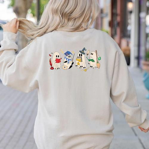 Ghost Book Reading Books Lover Teacher Happy Halloween Women's Sweatshirt Back Print - teacherstshirts.com AU