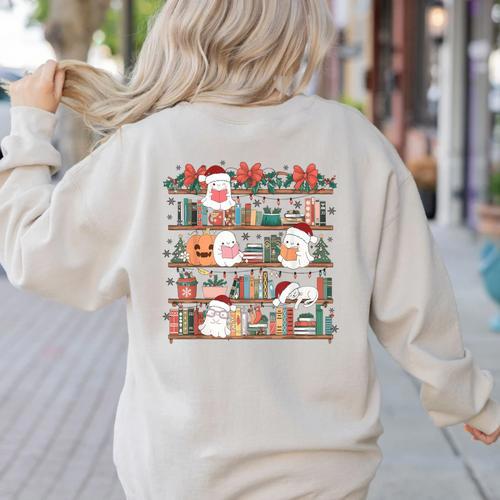 Ghost Christmas Reading Book Lover Library Christmas Teacher Women's Sweatshirt Back Print - teacherstshirts.com