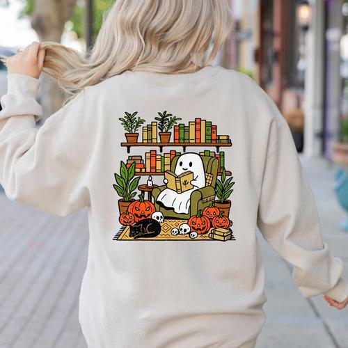 Ghost Library Reading Books Halloween Librarian Teacher Women's Sweatshirt Back Print - teacherstshirts.com