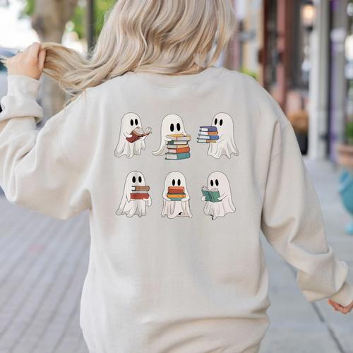 Ghost Reading Books Teacher Halloween Librarian Cute Boook Women's Sweatshirt Back Print - teacherstshirts.com AU