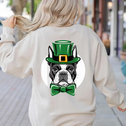Green Boston Terrier Shamrock St Patricks Day Boston Terrier Women's Sweatshirt Back Print - Bostonterriersmerch.com