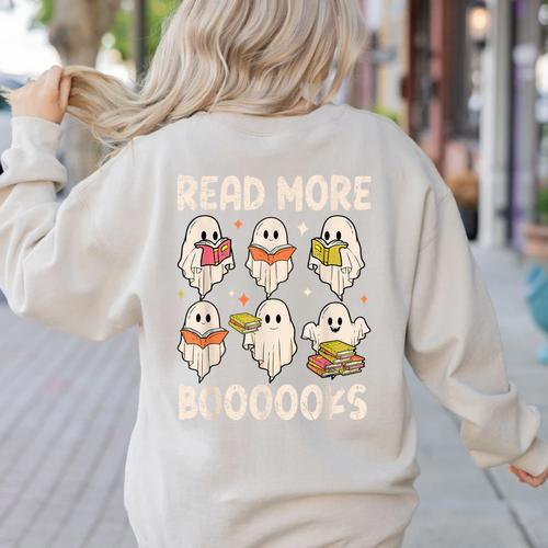 Groovy Halloween Ghost Read More Boooooks Librarian Teacher For Men Women Kids Women's Sweatshirt Back Print - teacherstshirts.com DE