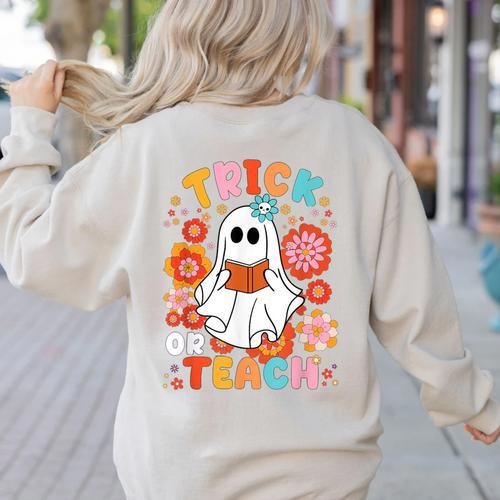 Groovy Halloween Trick Or Teach Retro Floral Ghost Teacher For Men Women Kids Women's Sweatshirt Back Print - teacherstshirts.com UK