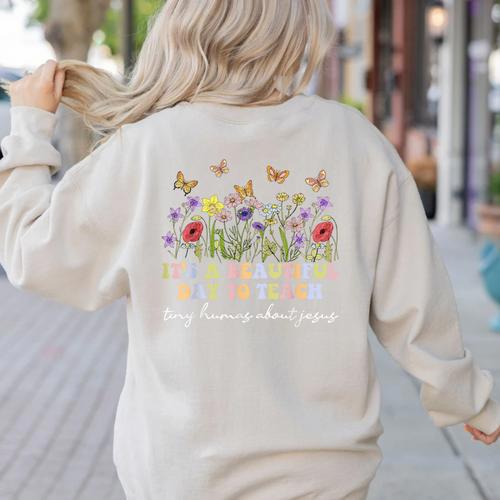 Groovy I Teach Tiny Humans About Jesus Christian Teacher Women's Sweatshirt Back Print - teacherstshirts.com DE