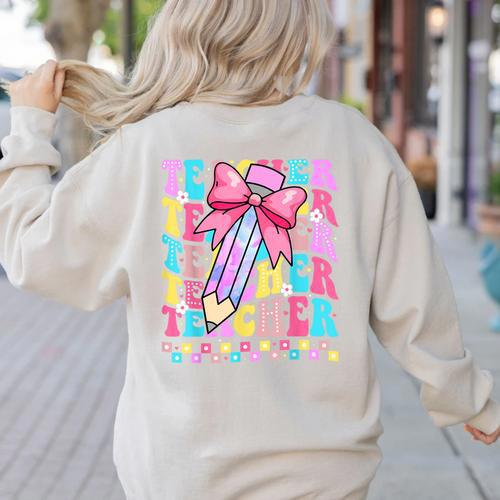 Groovy Teacher Cute Coquette Bow Flower Retro Back To School Women's Sweatshirt Back Print - teacherstshirts.com AU