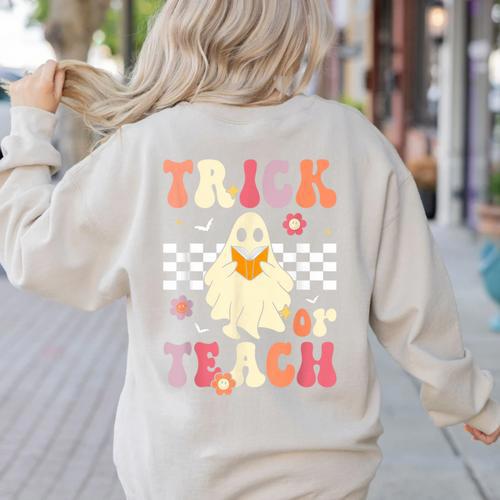 Groovy Teacher Halloween Retro Trick Or Teach Floral Ghost Women's Sweatshirt Back Print - teacherstshirts.com