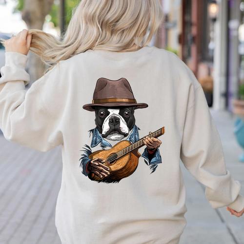 Guitar Shirt Boston Terrier Dog Playing Acoustic Guitar Women's Sweatshirt Back Print - Bostonterriersmerch.com