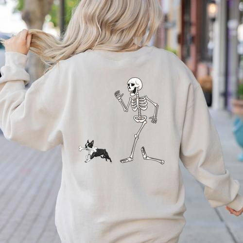 Halloween Boston Terrier And Skeleton Women's Sweatshirt Back Print - Bostonterriersmerch.com