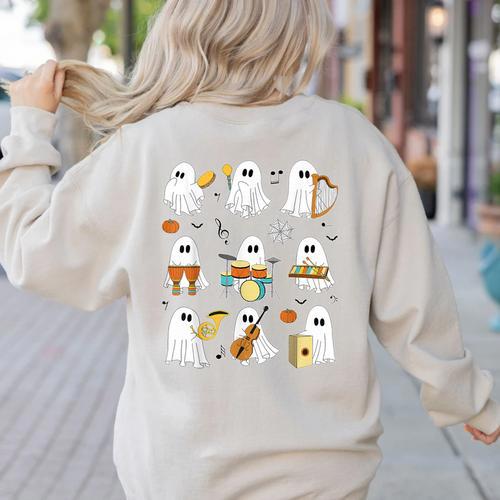 Halloween Ghost Music Teacher Playing Instruments Women's Sweatshirt Back Print - teacherstshirts.com AU