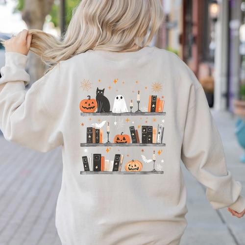 Halloween Library Ghost Books Teacher Spooky Trick Or Teach Women's Sweatshirt Back Print - teacherstshirts.com UK