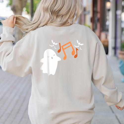 Halloween Music Note Ghost Teacher Fall Musical Instrument Women's Sweatshirt Back Print - teacherstshirts.com DE