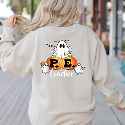 Halloween PE Teacher Ghosts Pumpkins Sports Lover Women's Sweatshirt Back Print - teacherstshirts.com UK