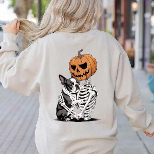 Halloween Skeleton Boston Terrier Women's Sweatshirt Back Print - Bostonterriersmerch.com AU