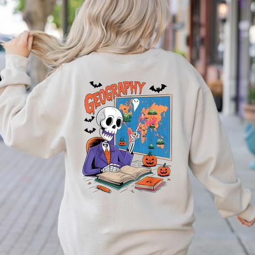 Halloween Skeleton Geography Teacher Pumpkin Bats Classroom Women's Sweatshirt Back Print - teacherstshirts.com