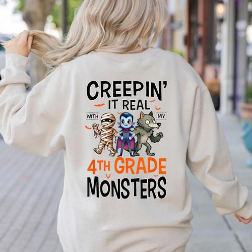 Halloween Teacher Creepin It Real With My 4th Grade Monsters Women's Sweatshirt Back Print - teacherstshirts.com CA