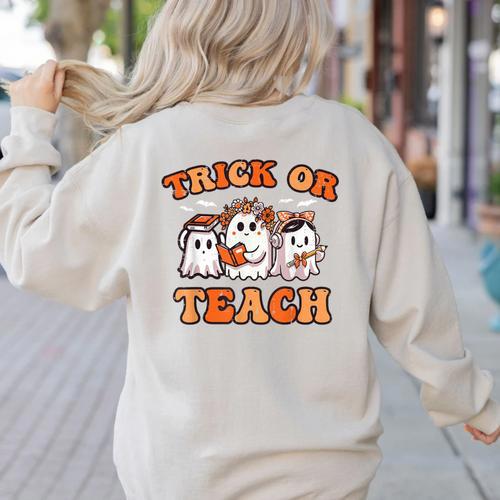 Halloween Teacher Ghosts Trick Or Teach Retro Costume Women Women's Sweatshirt Back Print - teacherstshirts.com AU