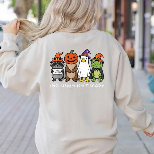 Inclusion Isn't Scary SLP Halloween Sped Teacher Animal Women's Sweatshirt Back Print - teacherstshirts.com CA