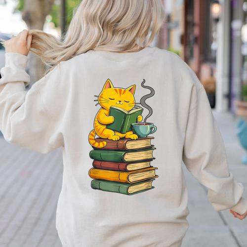 Kawaii Cats Lover Coffee Books Teacher Librarian Cat Women's Sweatshirt Back Print - teacherstshirts.com UK