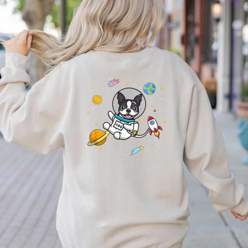 Kawaii Kids & Boys Astronaut Space Boston Terrier Dog Lover Women's Sweatshirt Back Print - Bostonterriersmerch.com