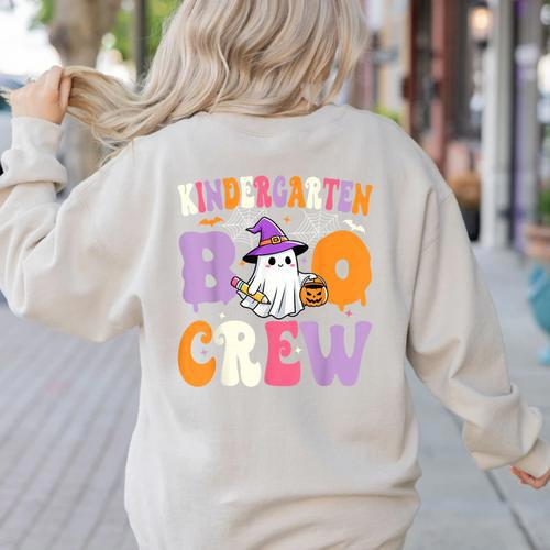 Kindergarten Boo Crew Spooky Kindergarten Halloween Teacher Women's Sweatshirt Back Print - teacherstshirts.com AU
