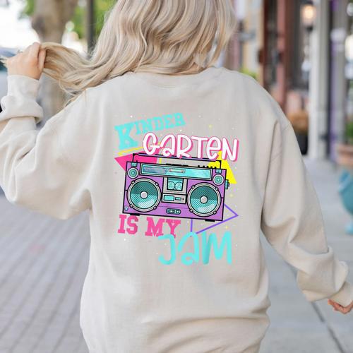 Kindergarten Is My Jam Cute Teacher Shirt 80's 90's Styl Women's Sweatshirt Back Print - teacherstshirts.com AU