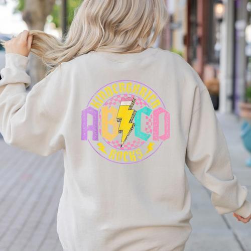 Kindergarten Rocks ABCD Back To School Rock Teacher Women's Sweatshirt Back Print - teacherstshirts.com