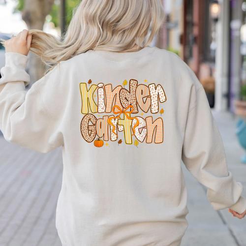 Kindergarten Teacher Fall Pumpkin Autumn Cute Women's Sweatshirt Back Print - teacherstshirts.com