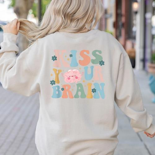 Kiss Your Brain Teacher Inspire Educate Groovy Retro Vintage Women's Sweatshirt Back Print - teacherstshirts.com UK