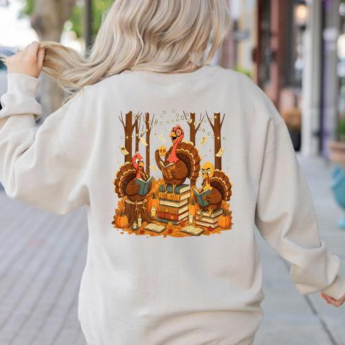 Librarian Turkey Reading Book Fall Thanksgiving Teacher Women's Sweatshirt Back Print - teacherstshirts.com
