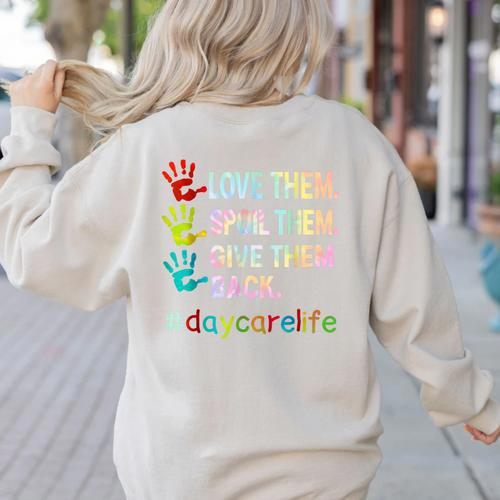 Love Daycare Provider Childcare Teacher Tie Dye Women's Sweatshirt Back Print - teacherstshirts.com AU