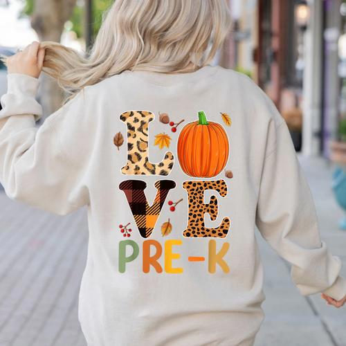 Love Pre-k Teacher Shirts Autumn Fall Pumpkin Fall Leopard Women's Sweatshirt Back Print - teacherstshirts.com AU