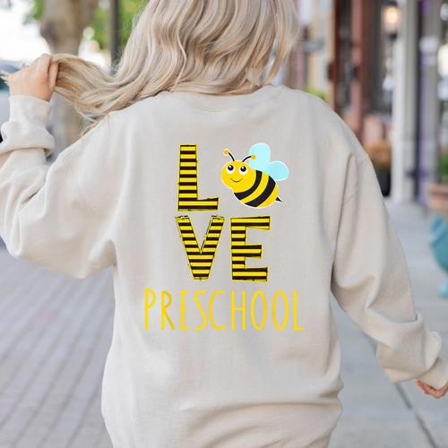 Love Preschool Back To School Yellow Bee Preschool Teacher For Men Women Girls Kids Women's Sweatshirt Back Print - teacherstshirts.com AU