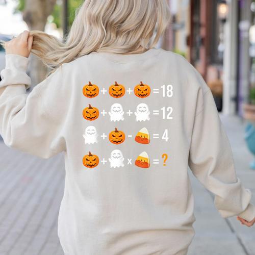Math Teacher Halloween Equation Pumpkin Ghost Candy Corn Women's Sweatshirt Back Print - teacherstshirts.com