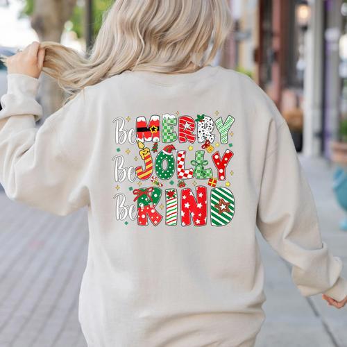 Be Merry Be Jolly Be Kind Merry Christmas Teacher Xmas PJs Women's Sweatshirt Back Print - teacherstshirts.com DE