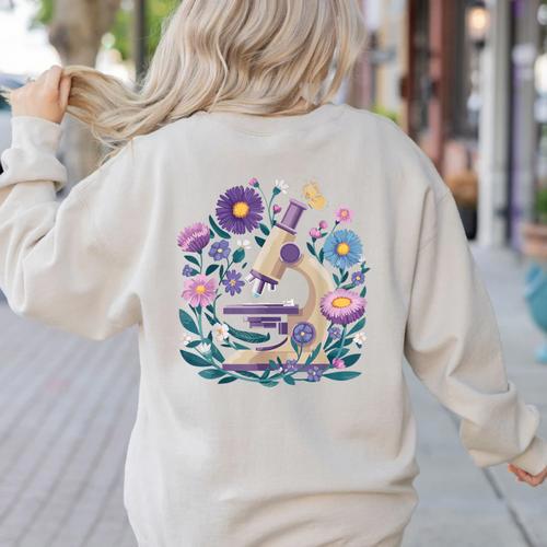 Microscope Flower Butterfly Biology Science Teacher Student Women's Sweatshirt Back Print - teacherstshirts.com DE